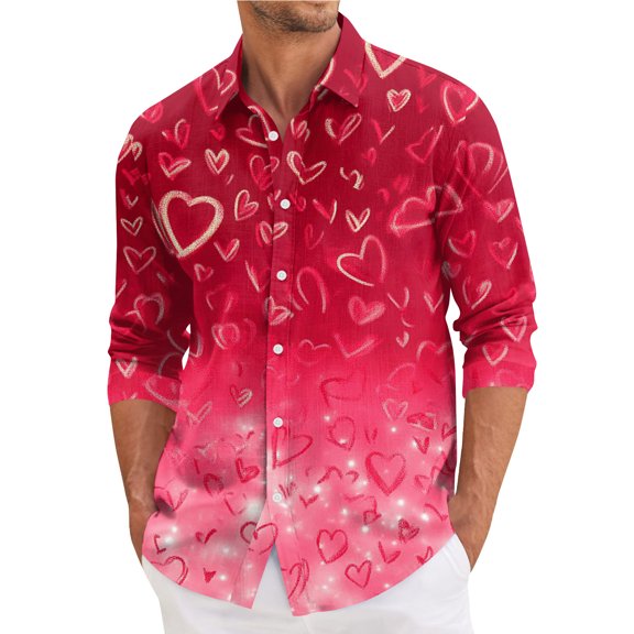 Fgvctg Valentine's Day Shirts for Men Long Sleeve Cotton Button Down Shirts Dressy Date Day Love Heart Print Collared Blouse Oversized Business Casual Outfits Hot Pink XL