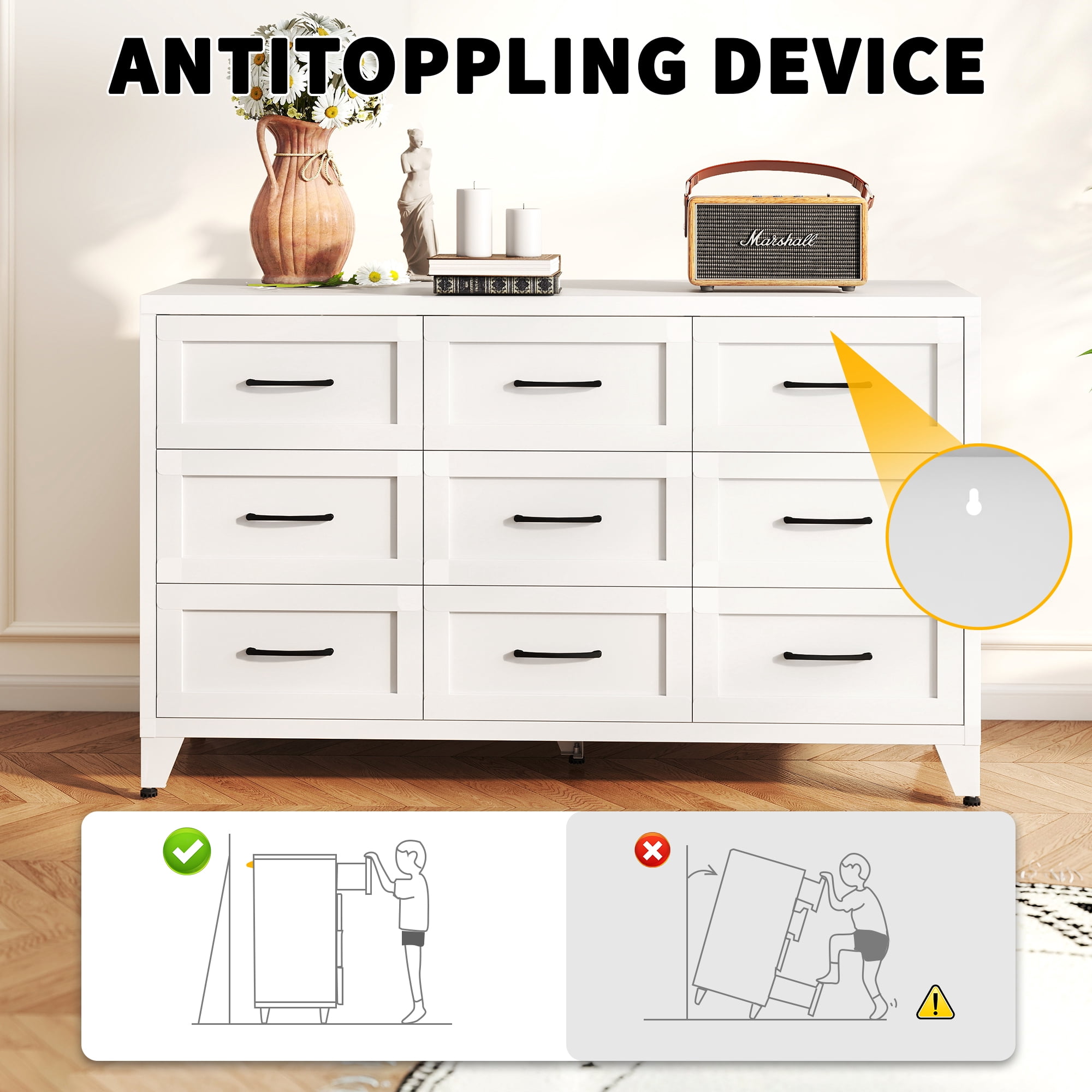 ShiKeyi 9 Drawer Dresser for Bedroom, Modern Metal Wide Storage Chest with Metal Handles and Legs, White