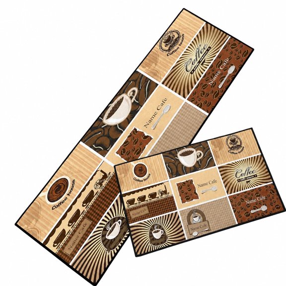 Coffee Cream Kitchen Rugs, Kitchen Rug Set, Kitchen Mat Set & Kitchen Floor Mat Set of 2, Non Skid Washable Vintage Tea Cup Kitchen Mats for Floor, Chocolate Cafe Kitchen Runner Rug, Kitchen Decor