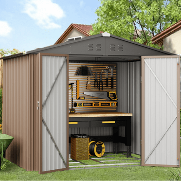 Lofka 8 x 6 ft. Outdoor Metal Storage Shed with Lockable Door for Backyard, Brown Garden Shed