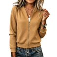 thumbnail image 2 of Cropped Bomber Jacket for Women Textured Lightweight Zip Up Fall Fashion Outerwear Long Sleeve Casual Jackets Earthy Yellow XL, 2 of 7
