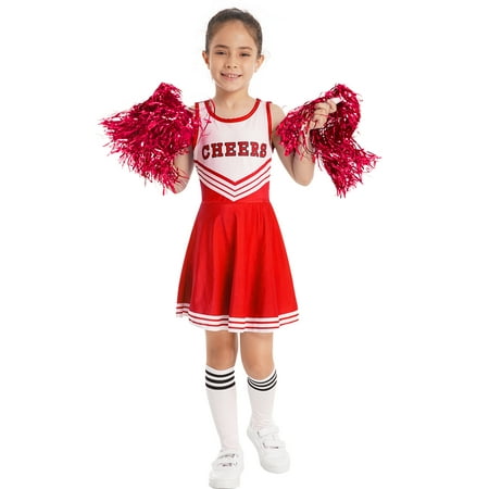 

renvena Kids Cheer Leader Costume Girls Cheerleading Uniform Dress Outfit with Stockings 2 Pom Poms Cosplay