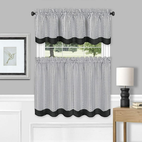 Westport Window Kitchen Curtains 3-Piece Tier & Valance Set (Black, 58" W x 24" L)