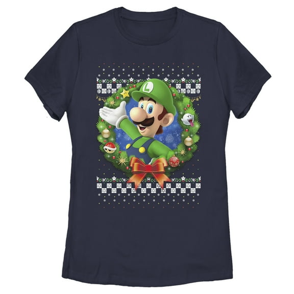 Women's Nintendo Christmas Luigi Wreath  Graphic Tee Navy Blue X Large