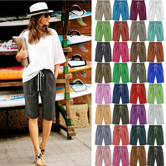 Womens Plus Elastic Waist Shorts Summer Solid Cotton Linen Casual Shorts with Pockets
