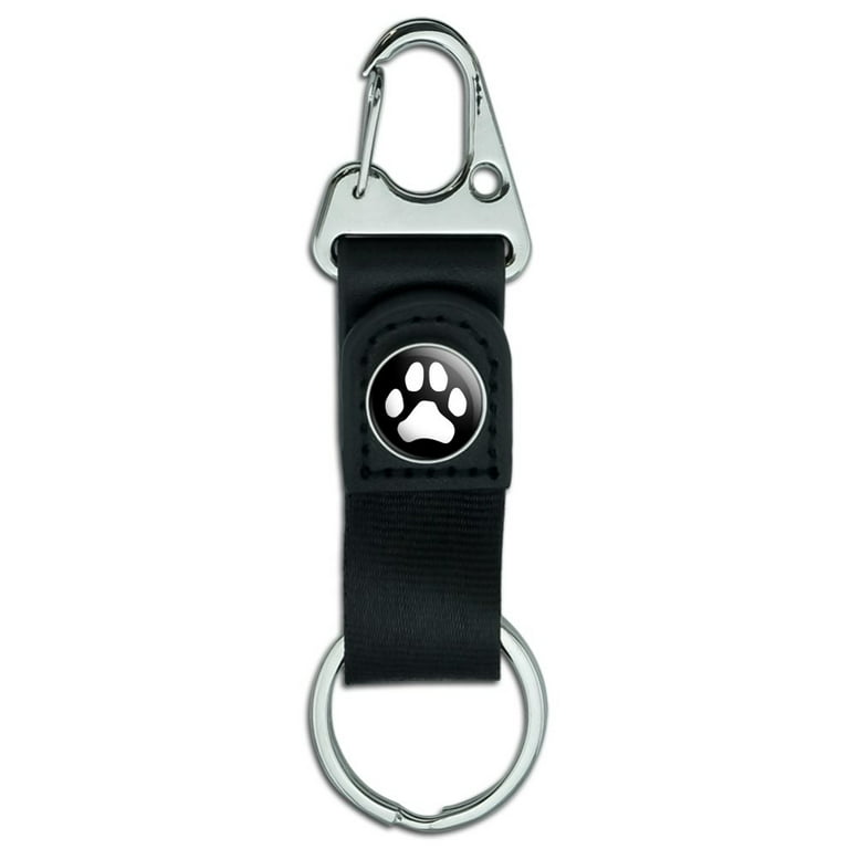 Graphics and More Paw Print Dog Cat White on Black Belt Clip-On Carabiner Leather Fabric Keychain Key Ring, Adult Unisex