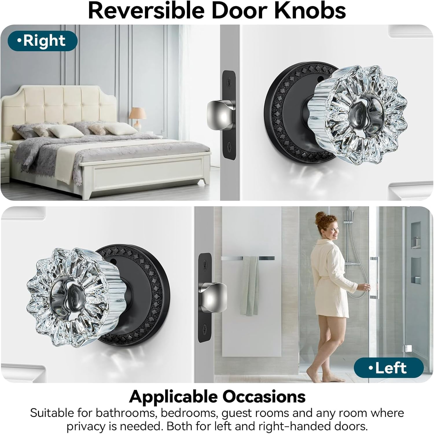 Scifil Vintage Crystal Glass Door Knob with Privacy Lock - Antique Interior Glass Knobs for Doors, Matte Black Door Handle for Bathroom/Bedroom- Adjustable Latch, 1 Pack