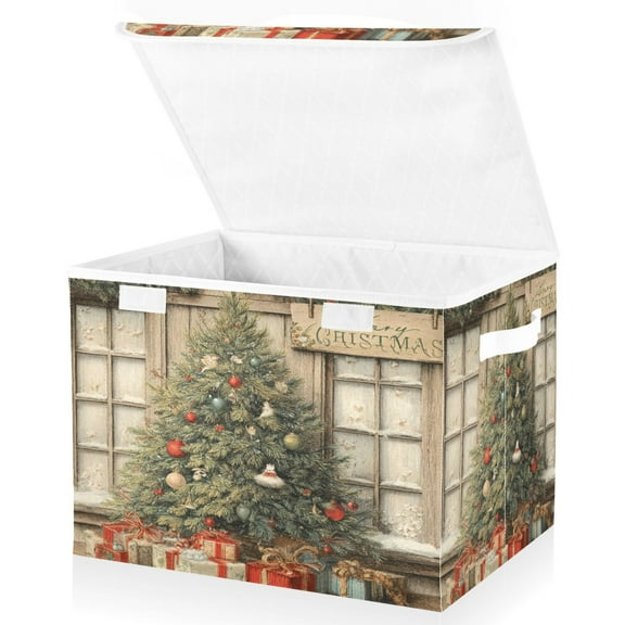 Wobogo Retro Christmas Tree Large Collapsible Storage Box Flip Lid Fabric Decorative Organizer Container Basket with Handles 16.5×12.6×11.8in