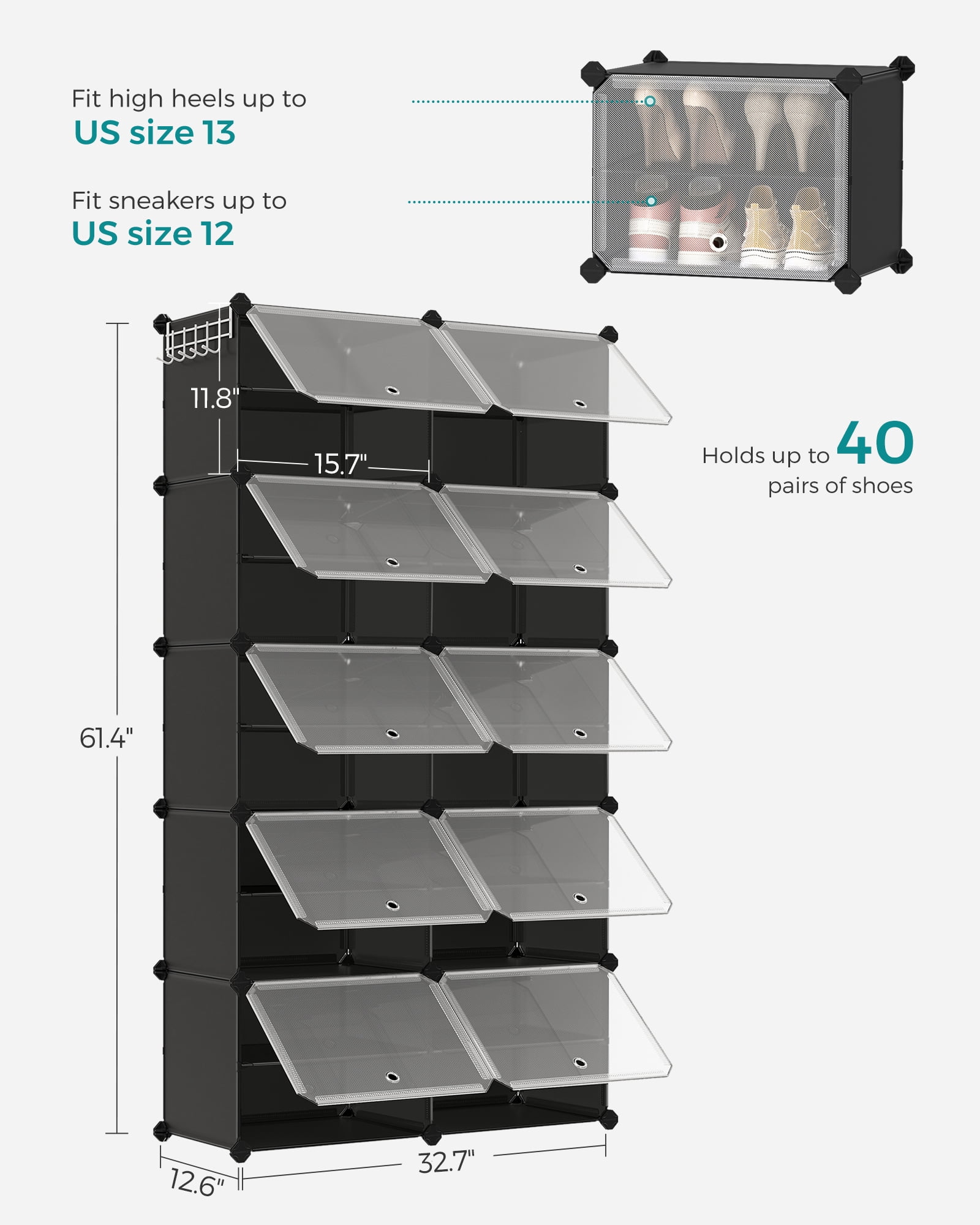 SONGMICS Shoe Rack Organizer, 10-Tier Shoe Storage Cabinet for Closet and Entryway, Holds 40 Pairs of Shoes, Adjustable, Ink Black and Trasparent