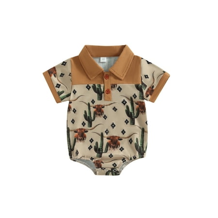 

Western Baby Boy Romper Short Sleeve Cow/Cowboy Print Lapel Bodysuit Summer Newborn Clothes