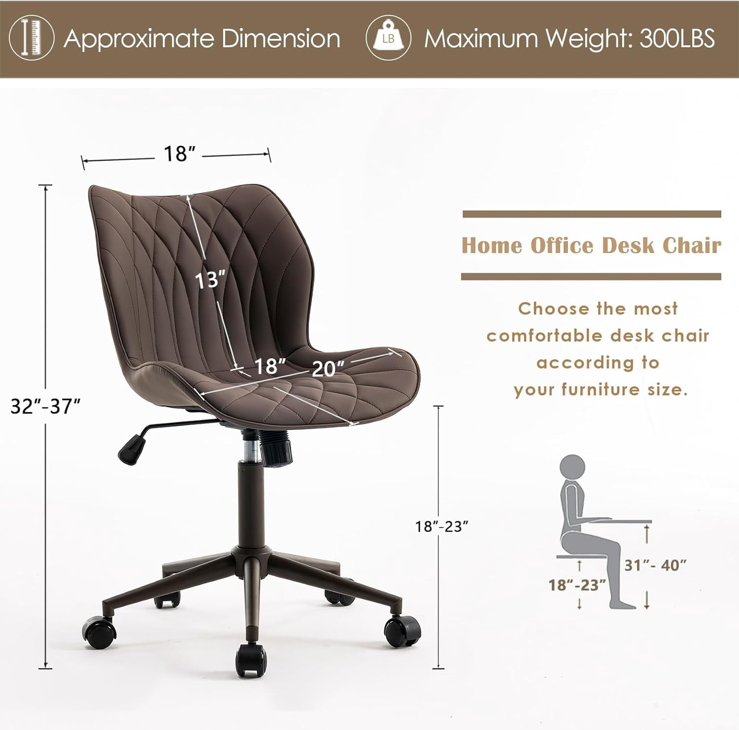 YOUNUOKE Armless Desk Chair  Office Chair with Wheels Home Ergonomic Task Chair Adjustable Computer Chairs Modern Faux Leather Swivel Chair Upholstered Makeup Vanity Chair with Back(Brown)