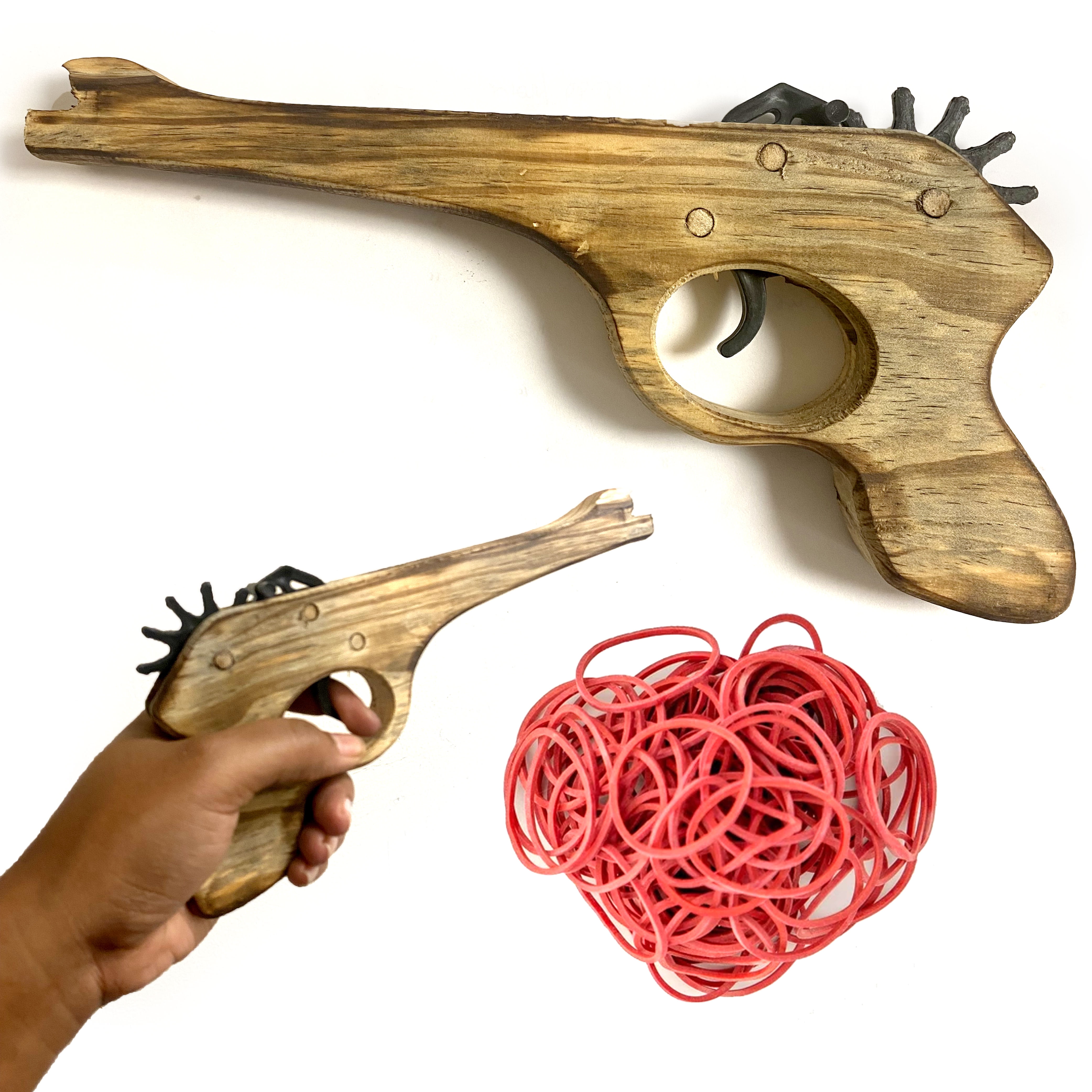 Hand Carved Wood 10 inches Bear Multi Shot Rubber Band Gun 