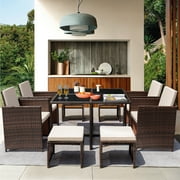 Homall 9 Pieces Outdoor Dining Sets Patio Rattan Conversation Set Space Saving Wicker Chairs with Glass Table,Beige