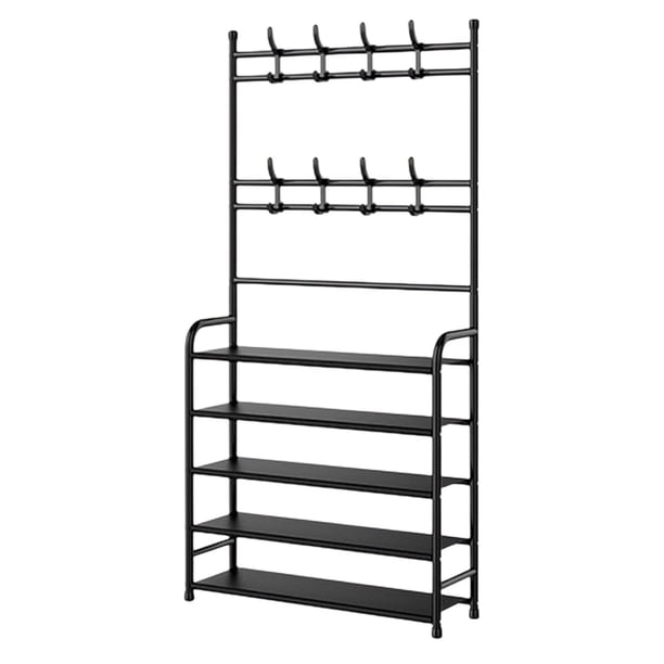 Zapatero de 5 niveles con perchero, organizador multifuncional para dormitorio, fabricado en acero y tela no tejida, resistente al agua, ideal para organizar zapatos, sombreros y ropa.