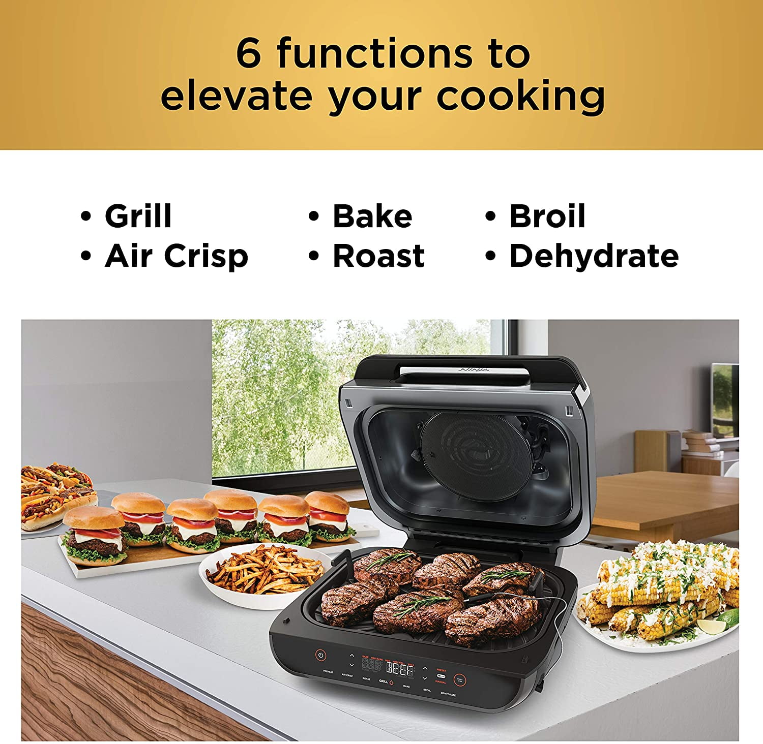 Ninja DG551 Foodi Smart XL 6-in-1 Indoor Grill with Air Fry, Roast, Bake,  Broil, & Dehydrate, Foodi Smart Thermometer, 2nd Generation, Black/Silver