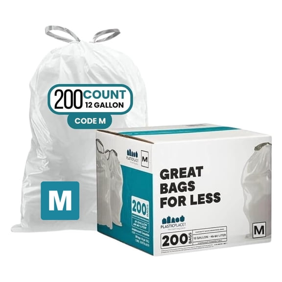Plasticplace Custom Fit Trash Bags Compatible with Simplehuman Code M 12 Gallon Drawstring Garbage Bags 200 Count Tear-Resistant Trash Can Liners for Kitchen and Office 1.2 Mil White 21" x 30.5"