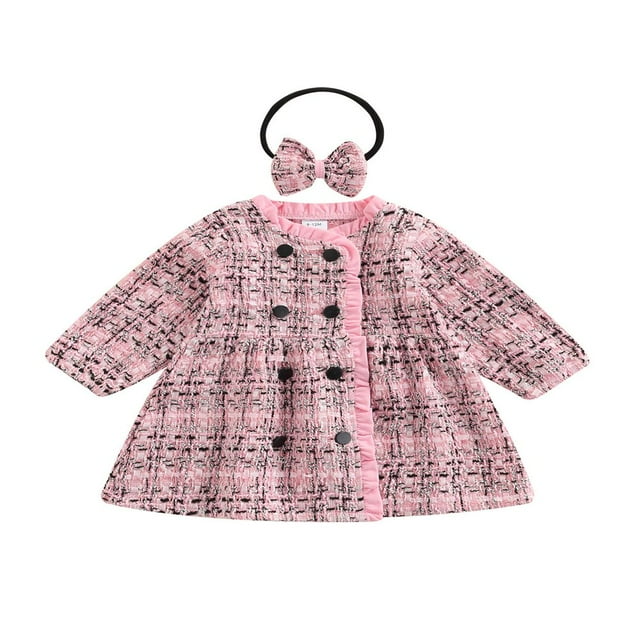 Ensemble de Robe à Carreaux Bébé Fille Volants Veste à Manches Longues Robe de Ligne + Bandeau 2PCS Ensembles Roses 9-12 Mois