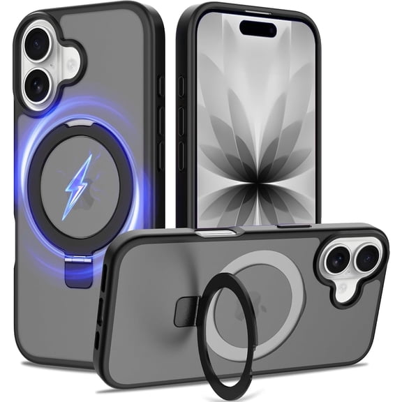 MUKO Ultra-Magnetic Stand for iPhone 17 Case [Military Drop Protection] [Compatible with MagSafe] Shockproof Translucent Matte Slim Ring Holder Case for iPhone 17 Black