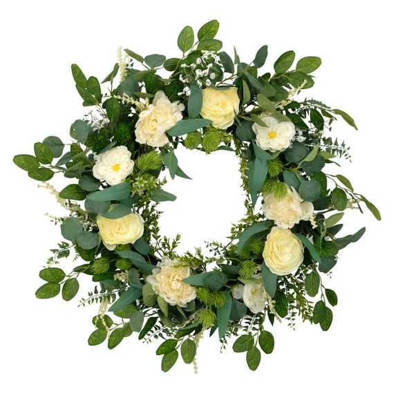 Puleo International 30" Artificial Eucalyptus Floral Spring Door Wreath, Green/Ivory