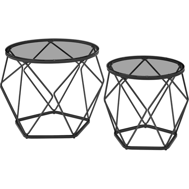 VASAGLE Round Coffee Tables for Living Room, Set of 2 Side Tables, Different Sized, Modern Style, Removable Tabletop, Steel Frame, Slate Gray and Ink Black