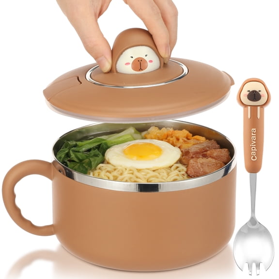 40.6 oz Ramen Bowl Stainless Steel Noodle Bowl with Lid and Spoon Ramen Cooker Soup Bowls with Handle Portable Instant Serving Cooker for Office College Dorm Brown