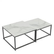 Wisfor Set of 2 Square Coffee Tables Living Room Nesting End Side Tables, White Stoned Top, Metal Frame