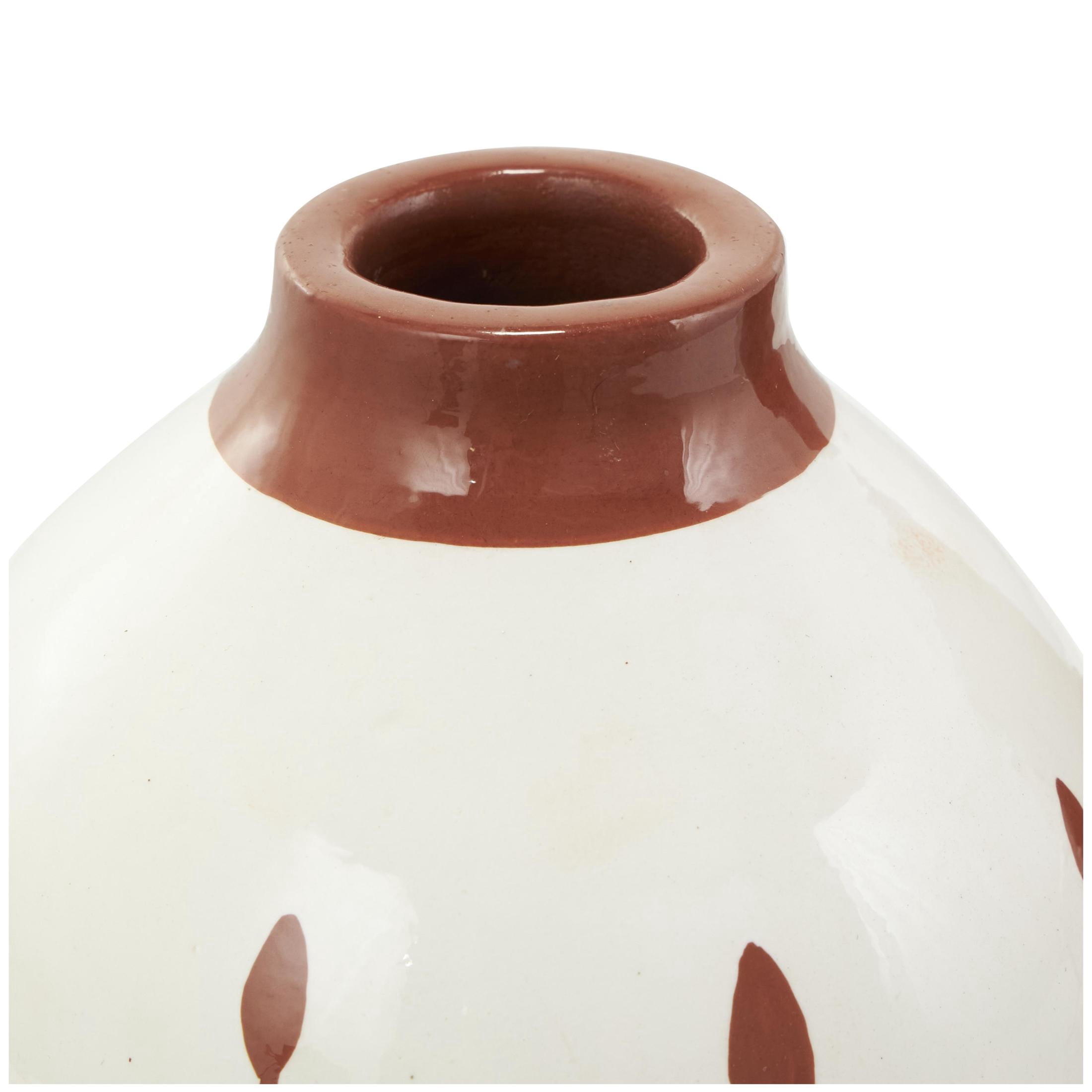 DecMode 6"W, 9"H Floral White Ceramic Vase with Terracotta Colored Detailing, Set of 3
