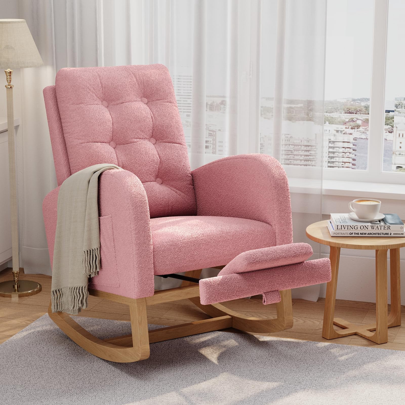 Modern Linen Upholstered Rocking Chair - Glider Chair with Side Pocket for Living Room Bedroom Nursery