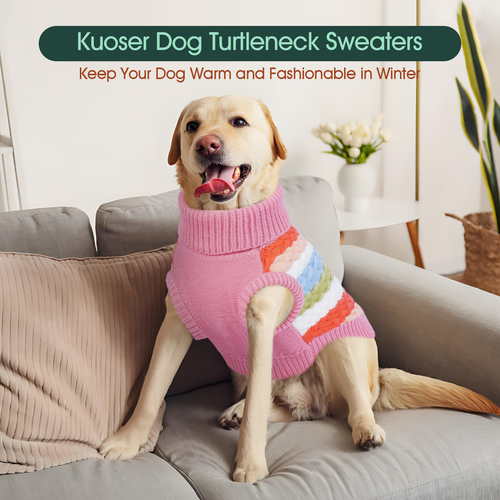 Kuoser Dog Sweater Warm Pet Knitwear Soft Winter Clothes for Dogs and Cats, Pink, M