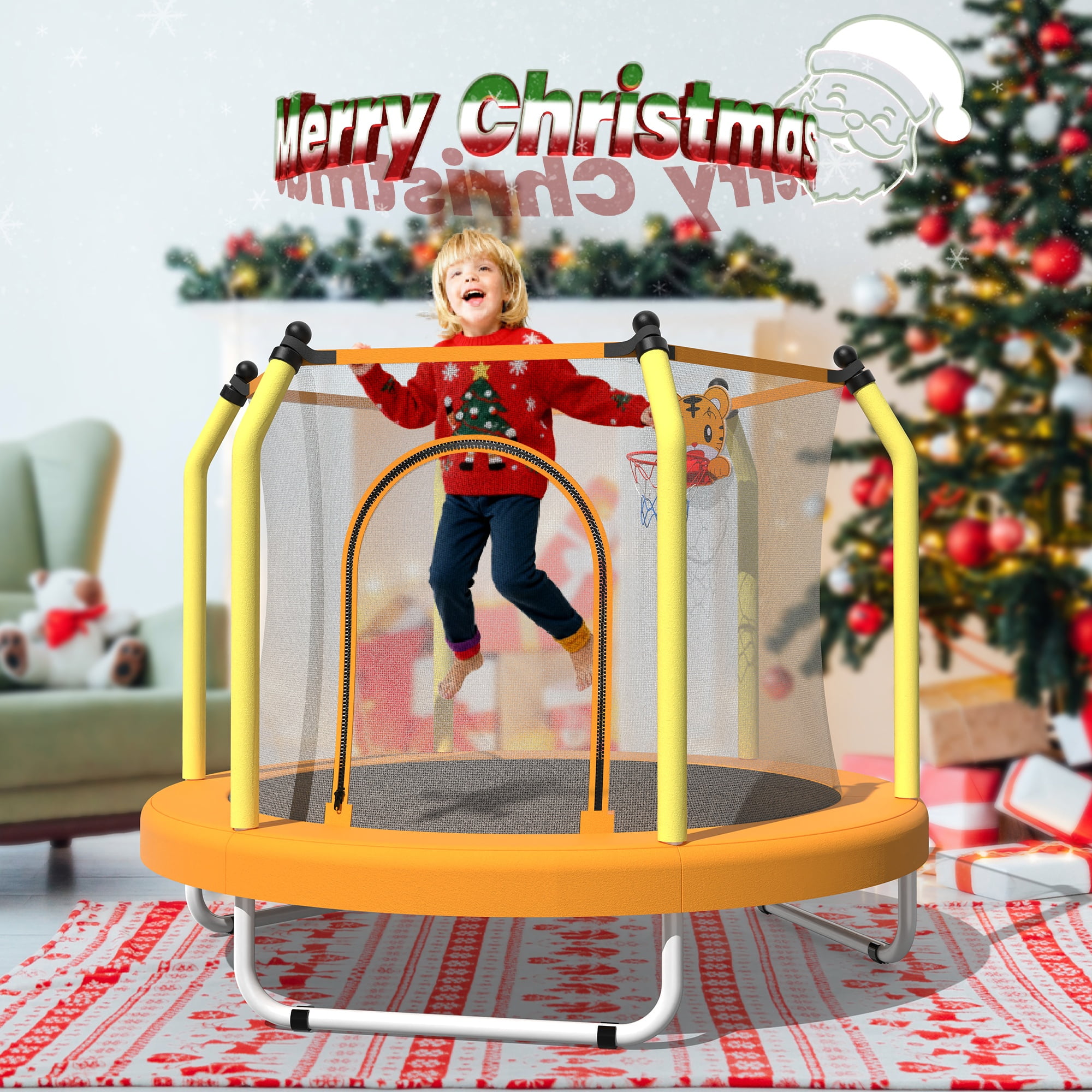 55" Toddler Trampoline Indoor/Outdoor for Kids, Shinpt Mini Trampoline for Backyard, Recreational Trampoline with Basketball Hoop, Outdoor Toddler Toy with Enclosure Net, Indoor Bounce House for Gift