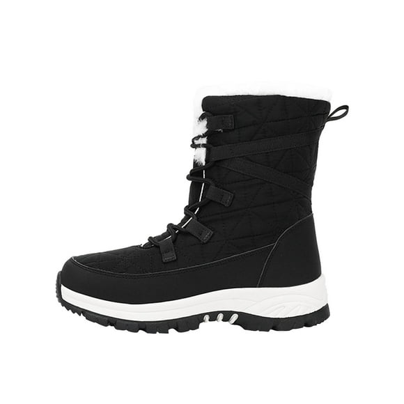 Womens Snow Boots Plush Fleece Line Lace Up Solid Color Non Slip Waterproof Climbing Travel Outdoor Oxford Cloth Boots Cotton Shoes Medium High Tube Skiing Boots Black