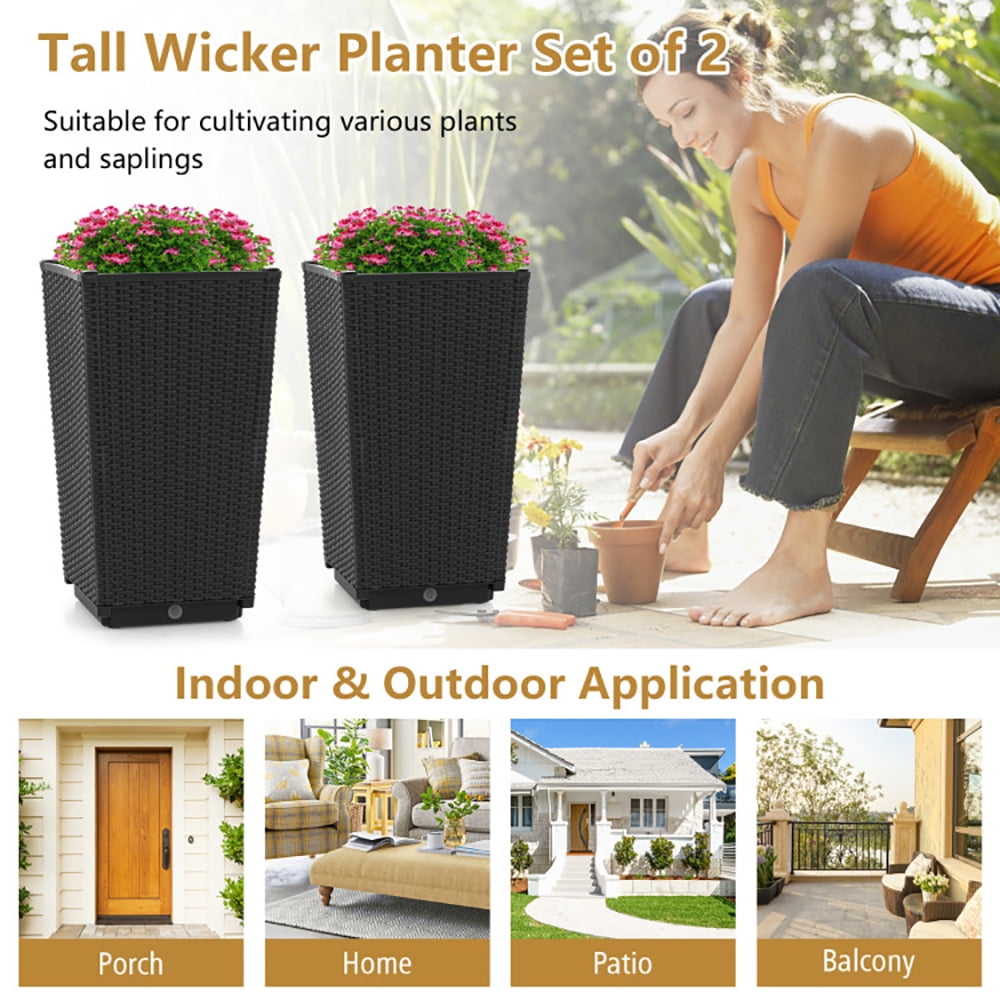 Canddidliike Outdoor Wicker Flower Pot Set of 2 with Drainage Hole for Porch Balcony, Garden Bed Wooden Vegetables Growing Planter for Backyard/Patio/Gardener
