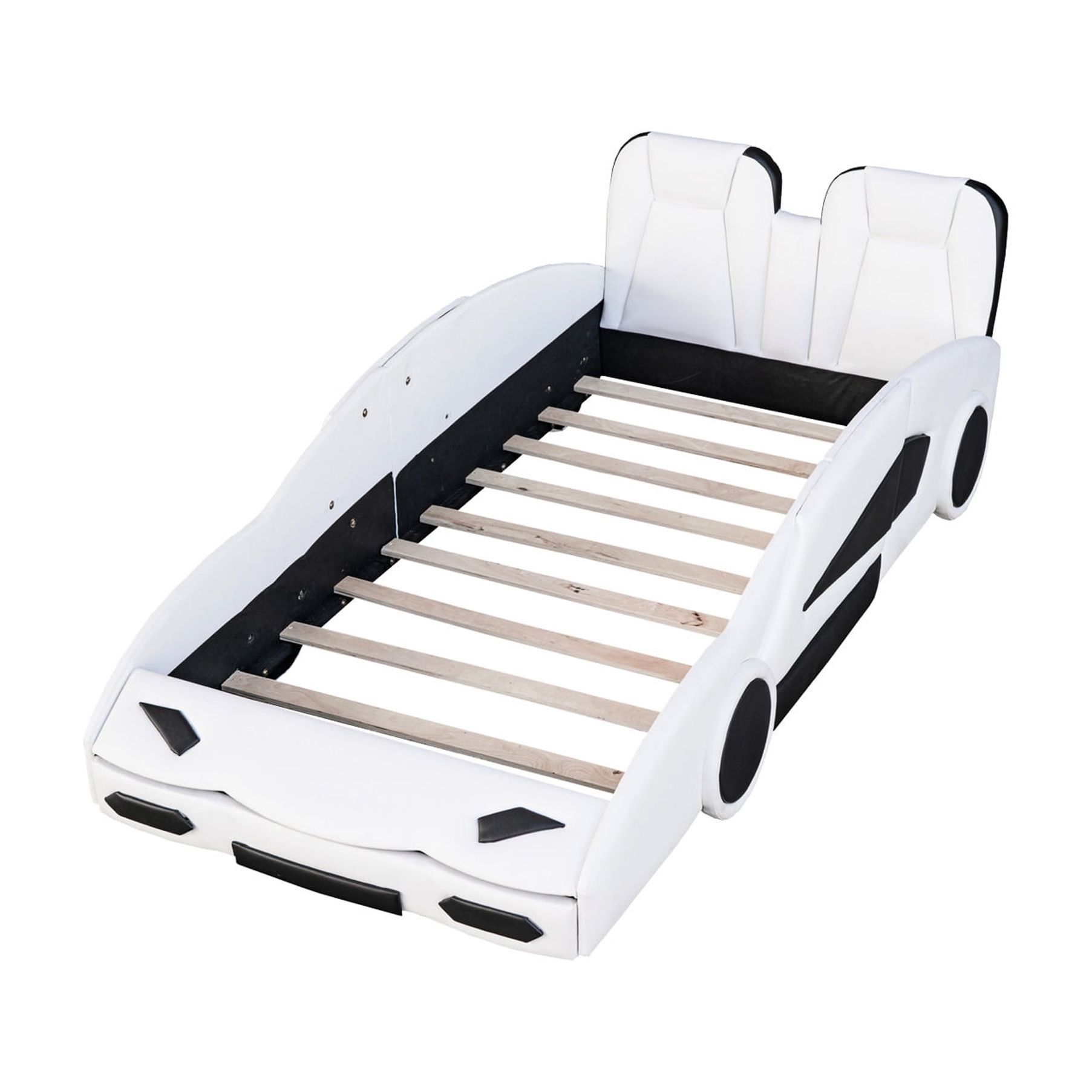 Twin Size Race Car Bed With Wheels, White - And Fashionable Shape Rolling Feature Wheels Guardrails Protected Bedroom Choice