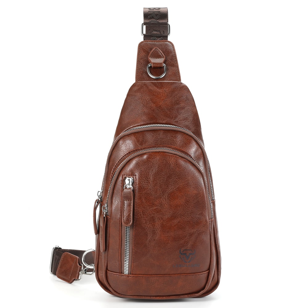LEBULLBRO Sling Bag for Men Soft Leather Chest Bag Crossbody Backpack Travel Hiking Outdoor Sports Dark Brown