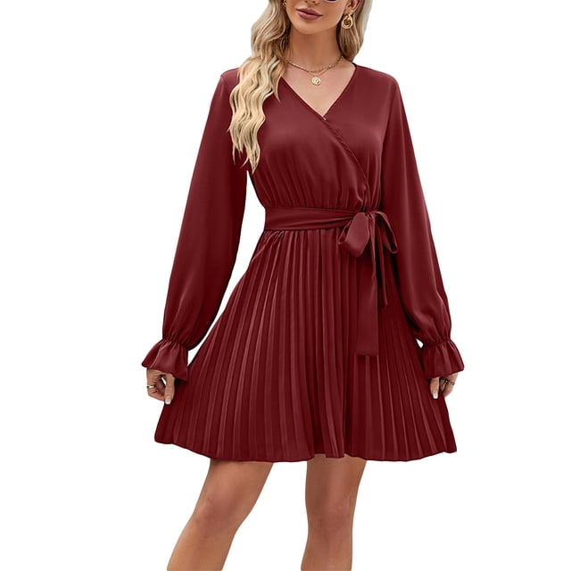 xiaxaixu Robe de Grossesse Décontractée d'Automne pour Femmes Couleur Unie Manches Longues Col en V Robe Plissée avec Ceinture