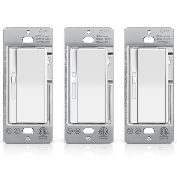 BESTTEN 3 Pack Slide Dimmer Light Switch, Quiet Rocker, Super Slim Single Pole or 3 Way Dimmable Switch, Max 300W LED, CFL, 600W Incandesce
