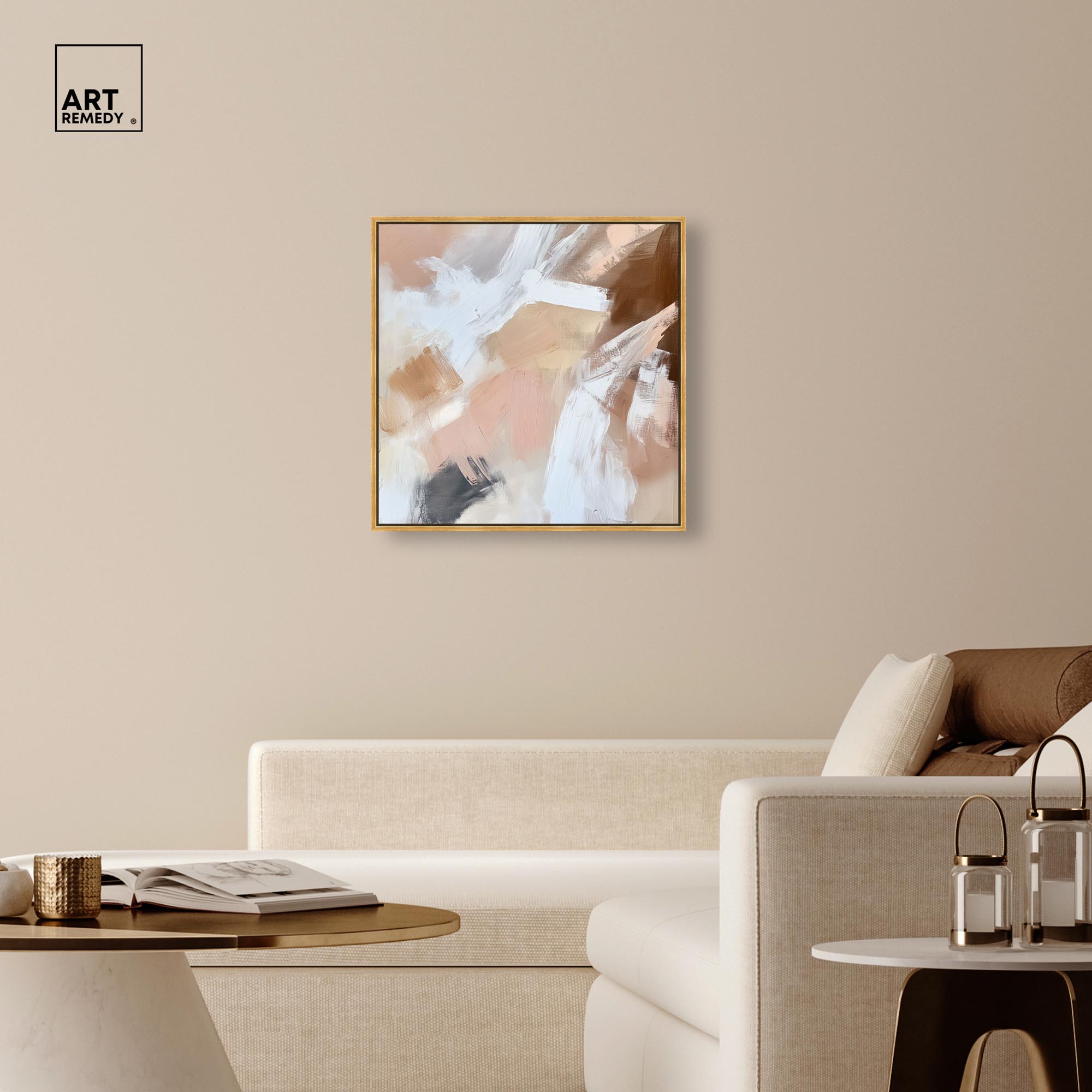 Taupe and Ash I Canvas Boho Minimalist by Art Remedy, Gold Frame, 30 x 30