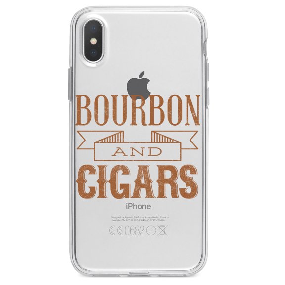 DistinctInk Clear Shockproof Hybrid Case for iPhone XR (6.1" Screen) - TPU Bumper Acrylic Back Tempered Glass Screen Protector - Bourbon and Cigars