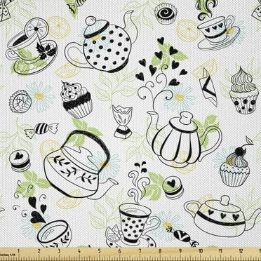 Tea Party Fabric by The Yard, Hand Drawn Doodle Style Teapots Cups and Hearts Flowers Drinks, Decorative Satin Fabric for Home Textiles and Crafts, 1 Yards, White and Black, by Ambesonne