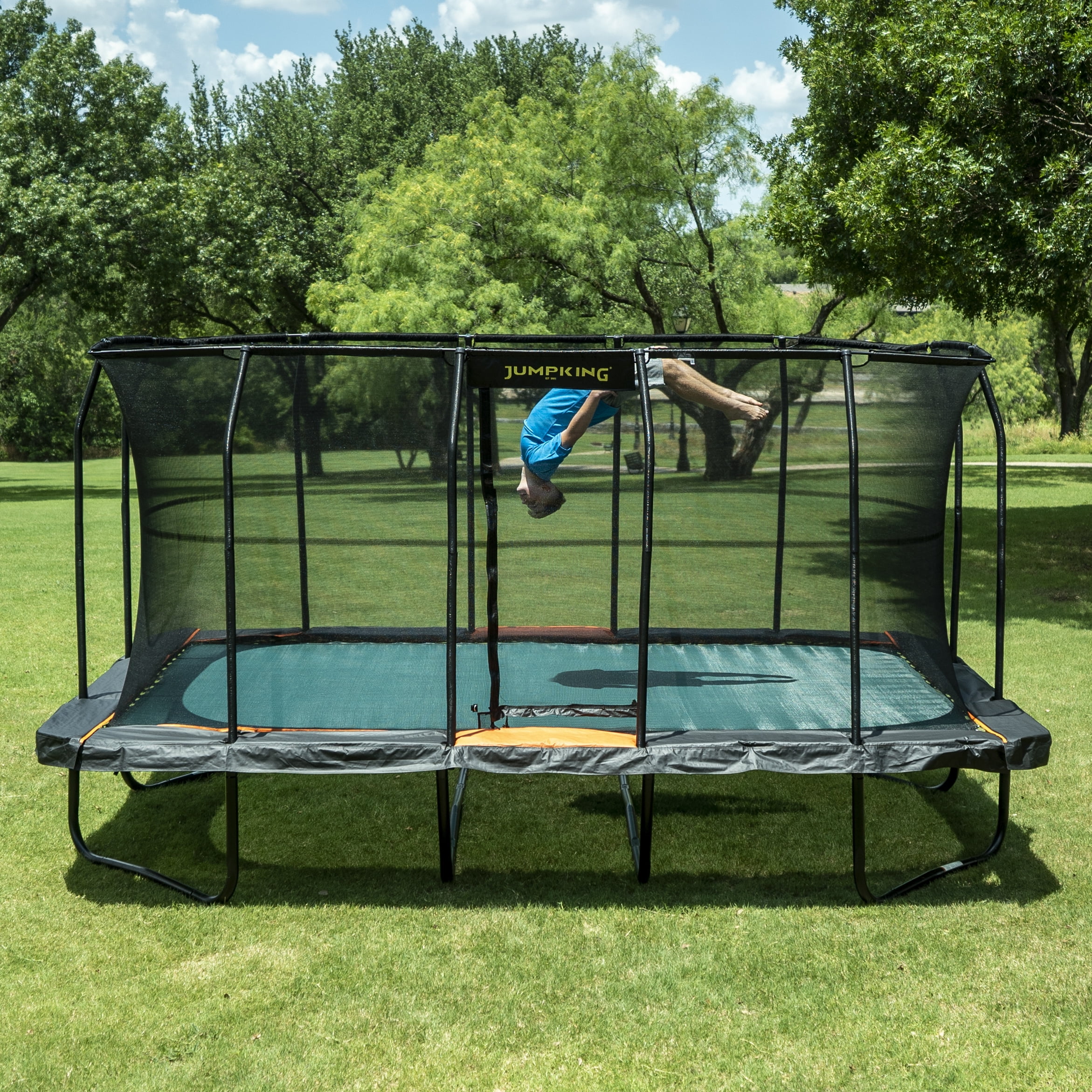 Jumpking ProSeries Rectangular Trampoline 10’ x 16’ - No Other Trampoline Can Compete: Double the Springs, Patented V-shaped Spring Arrangement, Comfort Weave Jumping Pad (Black/Orange) Box 1 of 3