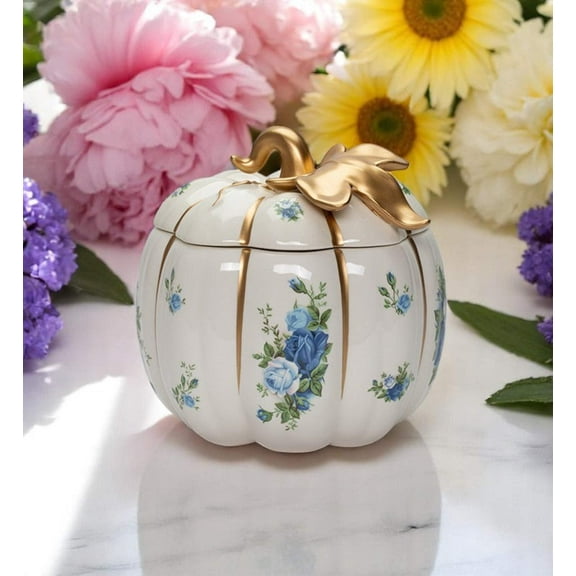 Ceramic White Pumpkin Jar with Blue Roses, Spring Decor, Kitchen Decor, Gift for Mom