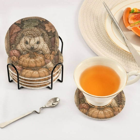 BZSMCE 6Pcs Drink Coasters With Holder 3.94Inch Hedgehog Lying on Pumpkin Creative Coil Coaster Coasters Colors Absorbent Coasters for Drinks Coasters Set Thicken Heat for Home Table