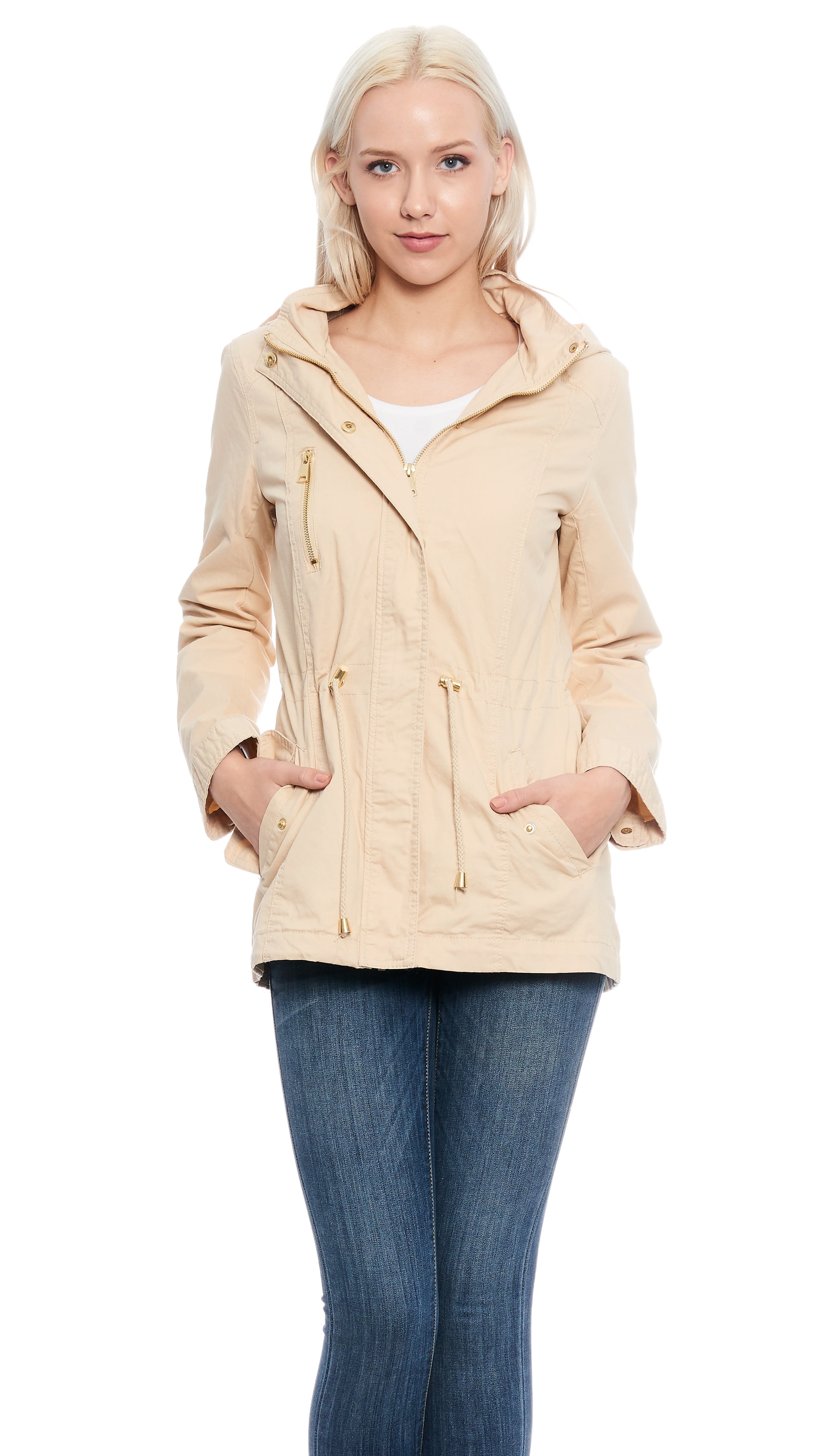 Women's Lightweight Cotton Jacket with Waist Drawstring and Hood