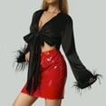 thumbnail image 6 of KOMOO Women Tie Front Blouse Feather Long Sleeve Ruffle Drawstring Cardigan Crop Top Satin Shirt Tops, 6 of 7