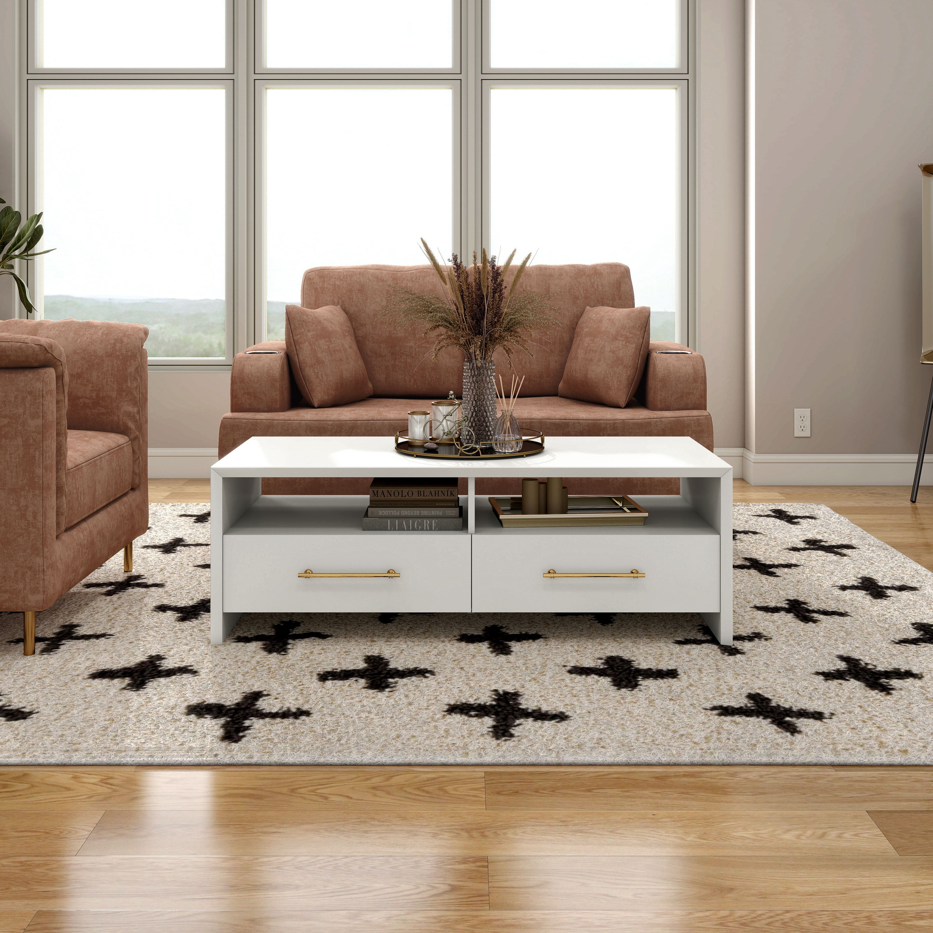 Furniture of America Elvora Modern Wood 2-Drawer and 2-Shelf Coffee Table, White