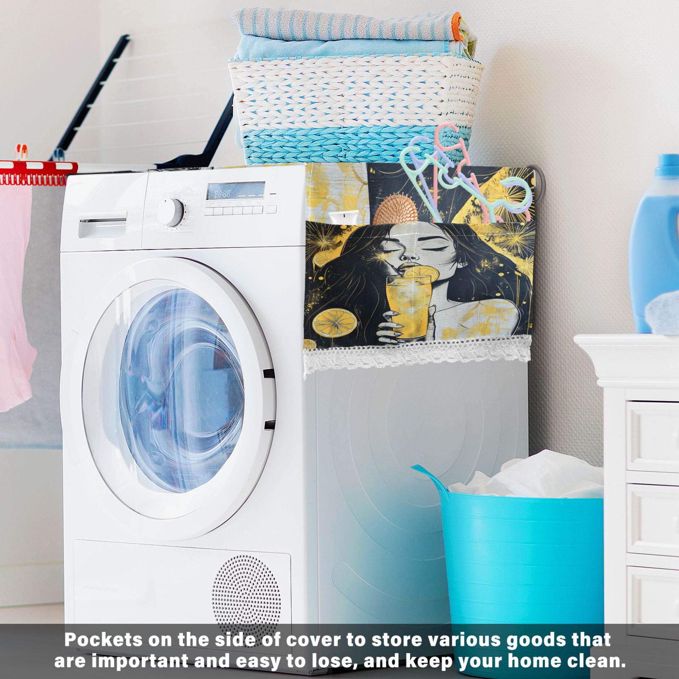 Blackhair GirlWasher and Dryer Covers Dust-Proof and Oil Resistant Fridge Cover with 4 Storage Pockets Washing Machine Top Cover for Laundry Kitchen Home 51.2 x 22 In
