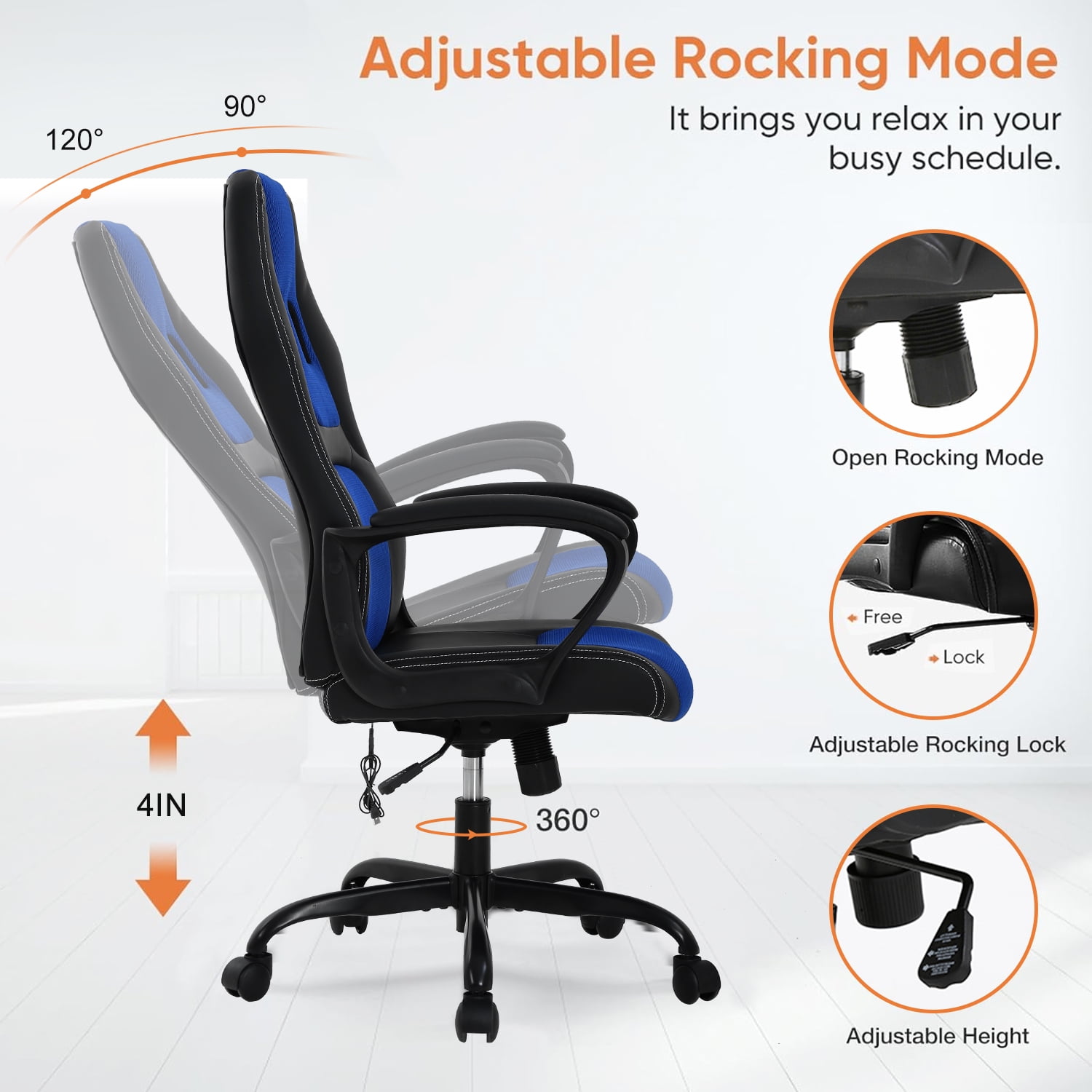 Massage Gaming Chair, High Back Office Chair Adjustable Gamer Chair Ergonomic Computer Chair with Lumbar Support Task Rolling Swivel Chair Game Chair for Adult &Teen(Blue)