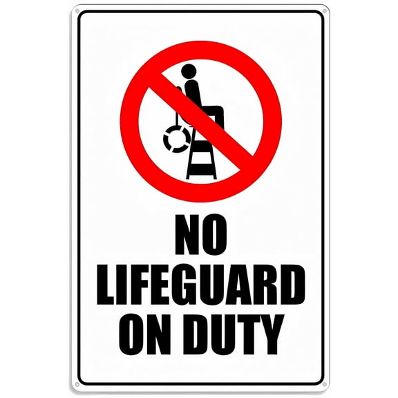 No Lifeguard On Duty Sign - 8"x12" Aluminum UV Printed Metal Sign, 4 Pre-Drilled Holes for Home Pool Club Hotel Outdoor Water Area