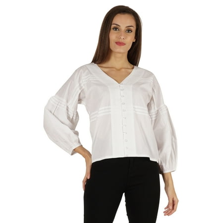 

Bimba Balloon Sleeve Top Button-Down Shirt Summer Loose Fit Pleated Blouse For Women s