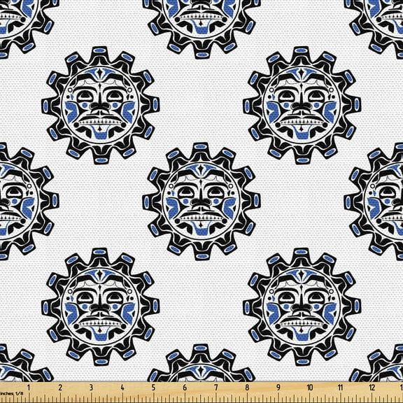 Ambesonne Aztec Fabric by the Yard Upholstery, Repeating Ethnic Sun Symbols, 2 Yards, Royal Blue Grey and White